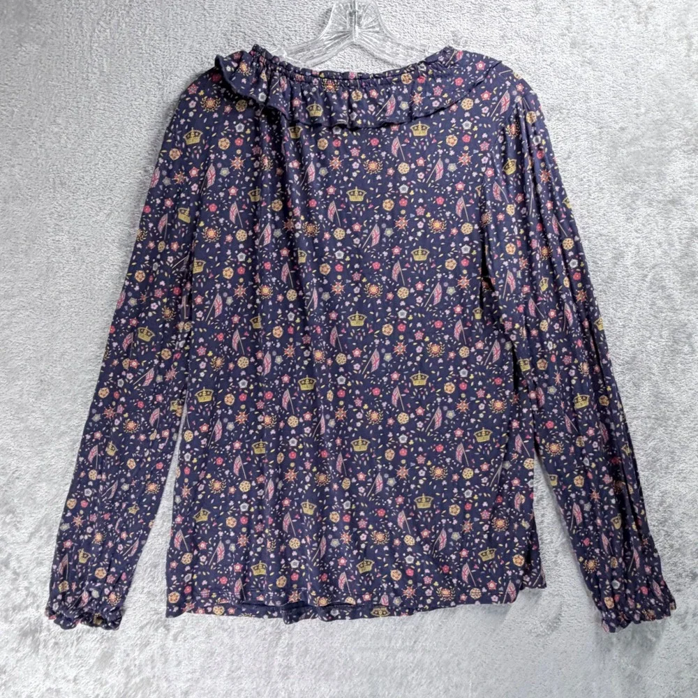Boden Catriona Ruffle Keyhole Top French Navy Ditsy Floral Long Sleeve Crown
